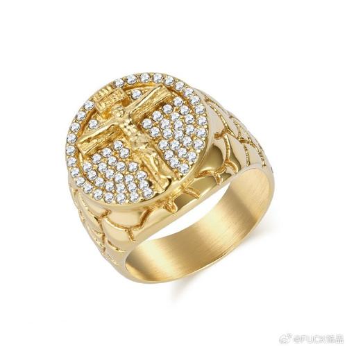 高档奢华复古人像十字架满钻戒指环钛钢镀18k金男个性手饰品